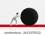 Horizontal photo collage of miniature black white gamma woman work hard push ball circle solve problem reach target on white background