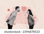 Horizontal photo collage picture of charming sweet couple lovers kissing enjoy celebrate 14 february together pastel drawing background