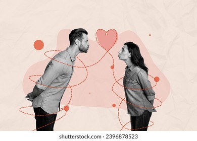Horizontal photo collage picture of charming sweet couple lovers kissing enjoy celebrate 14 february together pastel drawing background