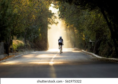 horizontal photo of a female cyclist riding a road bike during sunset in the forest vanishing in the sunlight