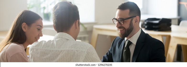 Horizontal Photo Financial Advisor Meets In Office With Family Couple, Girl Guy Plan Future Travel At Agency, Spouses Receive Consultation From Realtor Agent Concept, Banner For Website Header Design