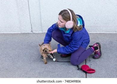 Horizontal Photo Of Little Girl In Fall Jacket And Ear Muffs Crouching To Pet Tiny Yorkshire Terrier Dog On Leash Making Funny Face