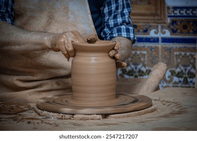 Horizontal phto: Shaping the pot while the potter's wheel is still running.