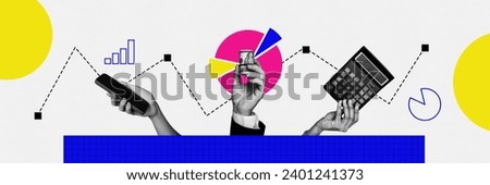 Horizontal picture collage of hands banknotes dollars ecommerce transactions using banking system calculations isolated on white background