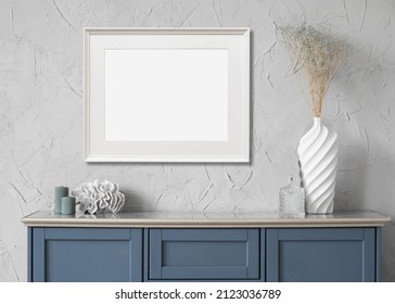 Horizontal picture frame mockup on a wall. Artwork template in interior design. - Shutterstock ID 2123036789