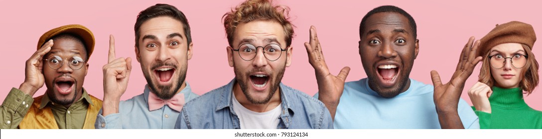 Horizontal portrait of emotional mixed race people look with great excitement say: It`s unbelievable, we not believe! Handsome men and one pretty female in beret gesture and express pleasant amazement