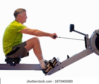 Horizontal profile shot of a senior man using a rowing machine bike in a gym on a white background. - Powered by Shutterstock