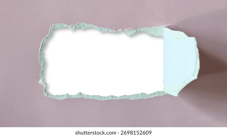 Horizontal rectangular hole or tear sheet of muted pink or dusty rose cardboard paper, exposing blank white space center and shadow. Hole has rough jagged edges