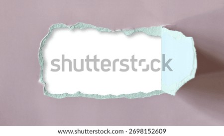 Horizontal rectangular hole or tear sheet of muted pink or dusty rose cardboard paper, exposing blank white space center and shadow. Hole has rough jagged edges