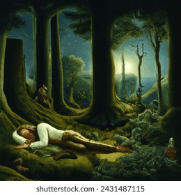 A horizontal Renaissance painting of A young man sleeping on a moss bed beside the base of eucalyptus trees in a forest, inspired by a summer night