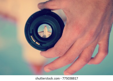 A Horizontal Rotated Image Of A Photographic View Of Bratislava Castle (Hrad) Through A Camera Lens Held By A Photographer’s Hand During Mid Day. Captured In Bratislava, Capital Of Slovakia.