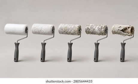 A horizontal sequence of five paint rollers on handles, illustrating the lifecycle of the foam covers as they transition from pristine condition to complete breakdown