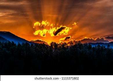 Horizontal Shot Of A Beautiful Smoky Mountain Sunrise With Copy Space.