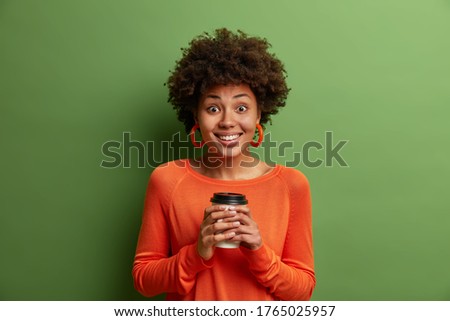 Similar – Image, Stock Photo woman having a cup of tea at home during breakfast. Cute golden retriever dog besides. Healthy breakfast with fruits and sweets. lifestyle indoors