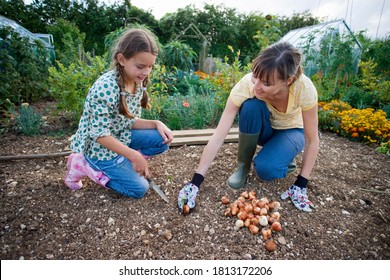 Horizontal Shot Of A Happy Mother And Daughter Planting Bulbs With Trowel In The Garden Kneeling Down.