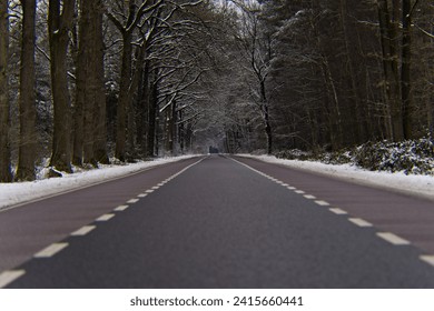 Horizontal shot of a long empty road through snowy forest. Low angle view over an asphalt road with oak, spruce and birch trees covered with snow in the Dutch winter landscape