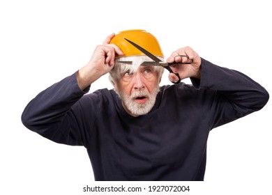 Horizontal Shot Of An Old Man Giving Himself A Haircut Using A Yellow Bowl On His Head During The Pandemic.  White Background.