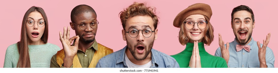 Horizontal shot of people from different races, being emotional, express various feelings and emotions, stand in row. Mixed race young women and men show surprisment, happiness, shock, approval
