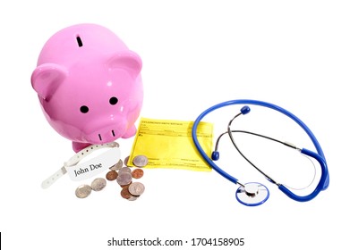 Horizontal Shot Of A Pink Piggy Bank With A Blue Stethoscope, Coins, And A Prescription Pad.  White Background.