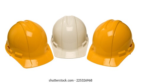 Horizontal Shot Of Three Construction Hard Hats In A Row On White Background