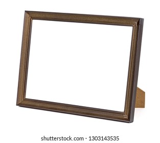 Horizontal Standing Brown Wooden Picture Frame Isolated On White Background With Clipping Path