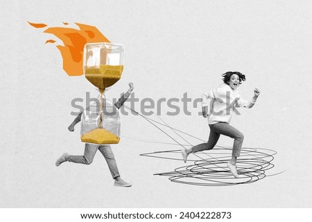 Horizontal surreal photo collage of funny girl run away from hourglass with legs concept of escape work tasks study deadlines lack of time