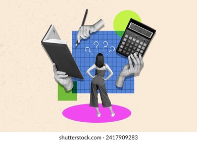 Horizontal surreal picture photo collage of young lady stand backwards thinking counting hand hold calculator write notes mathematics - Powered by Shutterstock