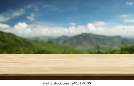 horizontal table with mountain forest behind