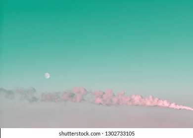 Horizontal Thick Smoke From Smokestack In Sky. Dense Smog In Atmosphere On Moon Background With Copy Space. Environmental Pollution.  Harmful Fumes From Stack Above City. Noxious Fume Close-up.