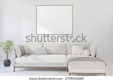 A horizontal thin frame hanging on a light wall in a modern interior. 3D render.