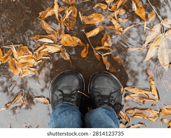 A horizontal top-down shot of a person's black leather boots standing in a rainy puddle filled with fallen yellow autumn leaves.