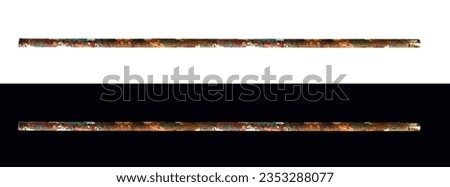Horizontal tubular pole, old rusty with peeling paint on isolated black and white backgrounds