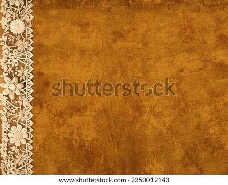 Horizontal or vertical Background with lace borders on grunge old soiled paper texture. Vintage backdrop with paper texture of brown color and elegant lace tape with floral ornament