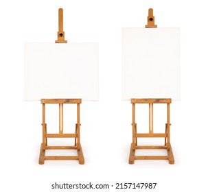 Horizontal And Vertical Blank Canvas On Painting Easel Isolated On White Background. Contains Clipping Path.