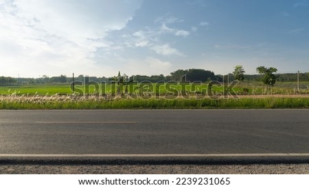 Horizontal view of asphalt road in Thailand. Background of parallel ground path and green rice fields and trees with electric pole. Under the blue sky.