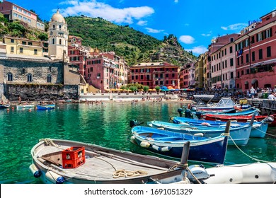Horizontal View of Boats Moored in the Bay of Vernazza at Summer. Vernazza, Italian National Park of the Cinque Terre