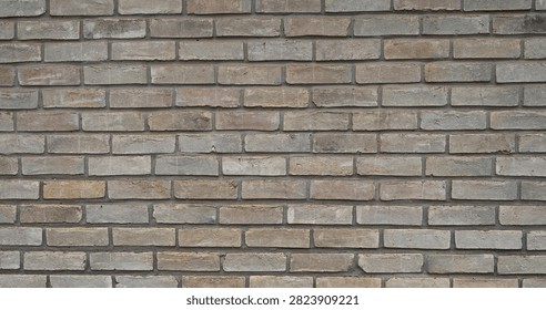 A horizontal close‑up view of a flat brick and mortar wall surface with a typical brickwork pattern. The bricks are varicolored in tan, reddish brown and brown, and their faces are porous, uneven and rough. The bricks show visible irregularities including chips, cracks and indented spots.