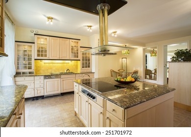 Horizontal View Of Kitchen With Marble Worktop