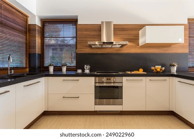 Horizontal View Of Modern Furniture In Luxury Kitchen