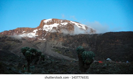 Horizontal View Of Mount Kilimanjaro And Barranco High Base Camp In Tanzania In The Evening