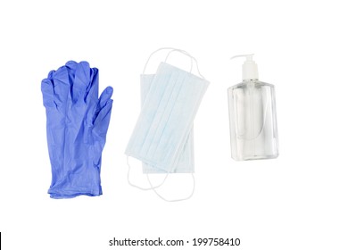 Horizontal view of new hygiene items consisting of latex gloves, mask and hand sanitizer isolated on white  