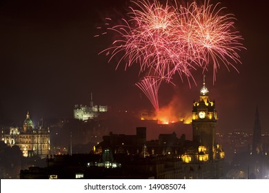 Horizontal View On Edinburgh Castle With Fireworks