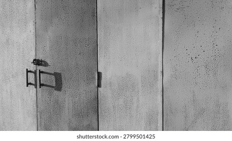 A horizontal wide angle eye level perspective captures a closed rustic textured metal folding gate door panel featuring a latch lever casting a sharp harsh shadow in classic black monochrome tone. The weathered grainy surface pattern creates a gritty industrial presentation backdrop layout template with open copy space.