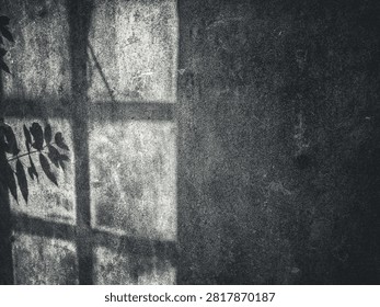 Horizontal wide angle view of old abandoned wooden window with weathered concrete wall background, vintage rustic architecture.