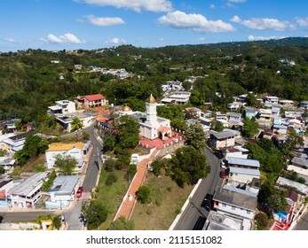 Hormigueros, Puerto Rico - 01 16 2022: An aerial view of the church in the center of the town