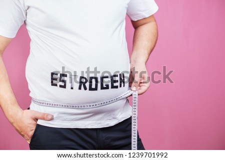 hormonal imbalance, weight gain, estrogen level, hormonal therapy. overweight man belly with measuring tape [[stock_photo]] © 