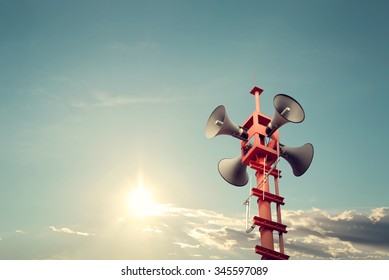 Horn speaker for public relations sign symbol, vintage color - sun with blue sky - Shutterstock ID 345597089