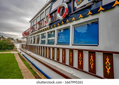 Horning, Norfolk, UK – March 07 2020.The Southern Comfort replica paddle steamer moored on the River Bure in the village of Horning in the heart of the Norfolk Broads