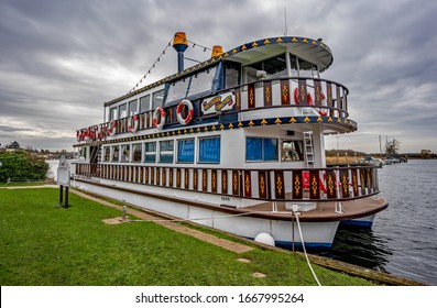 Horning, Norfolk, UK – March 07 2020. The Southern Comfort replica paddle steamer moored on the River Bure in the village of Horning in the heart of the Norfolk Broads