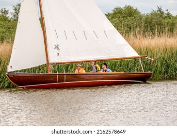 Horning, Norfolk, UK – May 28 2022. Traditional Wooden Sailing Boat Competing In The 2022 Three Rivers Race, An Annual Boat Race On The Norfolk Broads